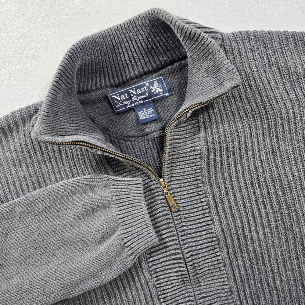 Nat Nast Mens XL Gray Cotton Full Zip Sweater FW67C Ribbed Mock Neck Luxury